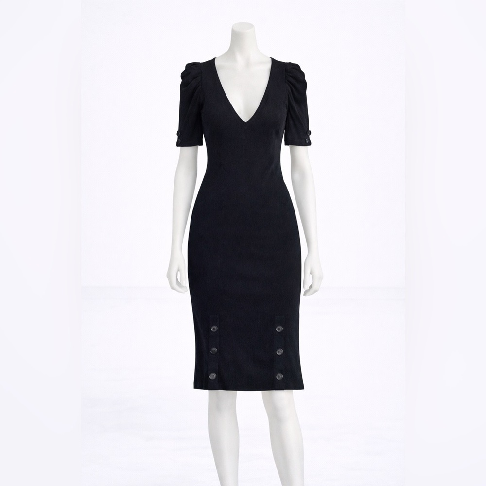 Women Puff Half Sleeve V Neck Slim Fit Knit dress Sz S - Picture 1 of 12